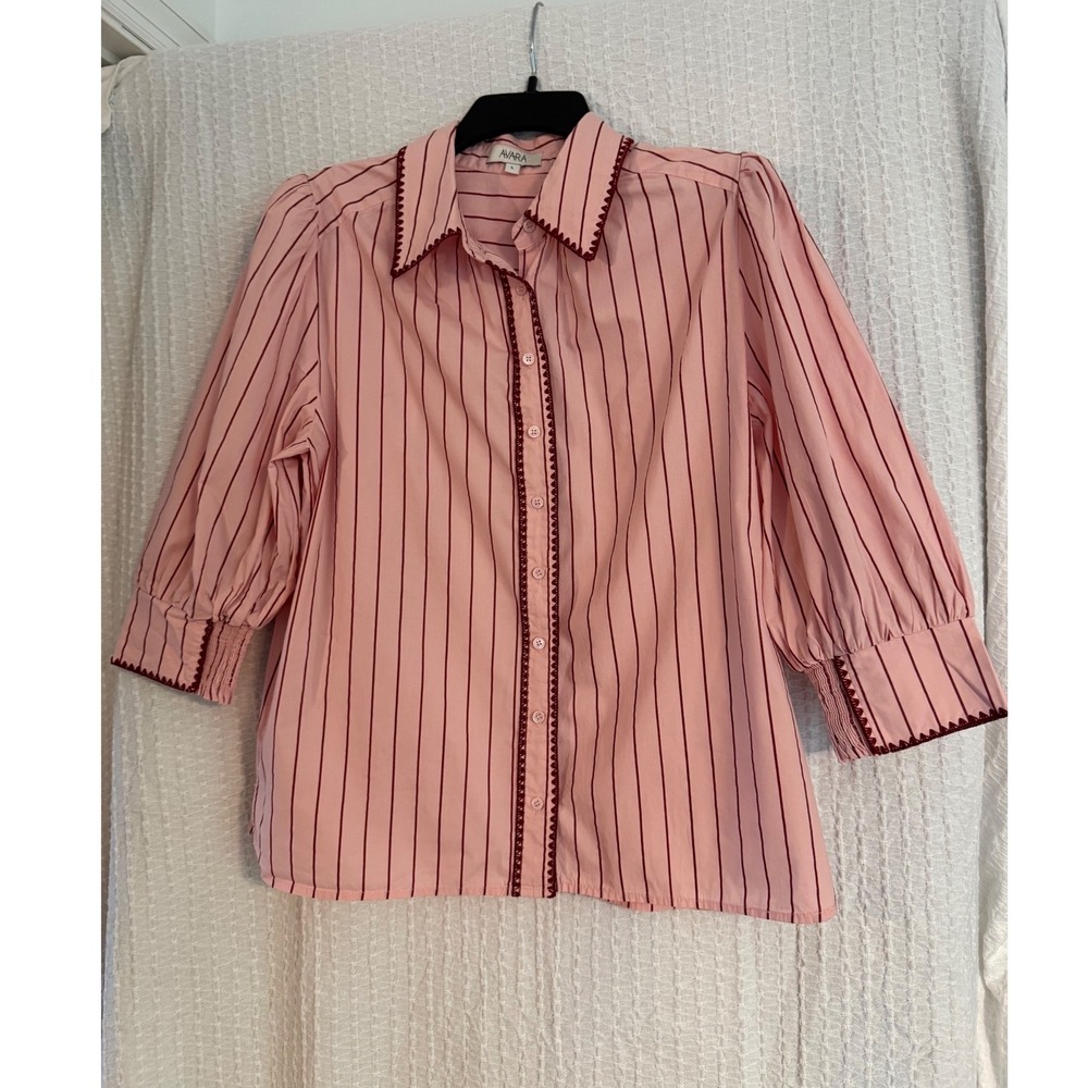 Avara Striped Button Down Shirt Womens L Pink Excellent Smocked Puff Sleeve